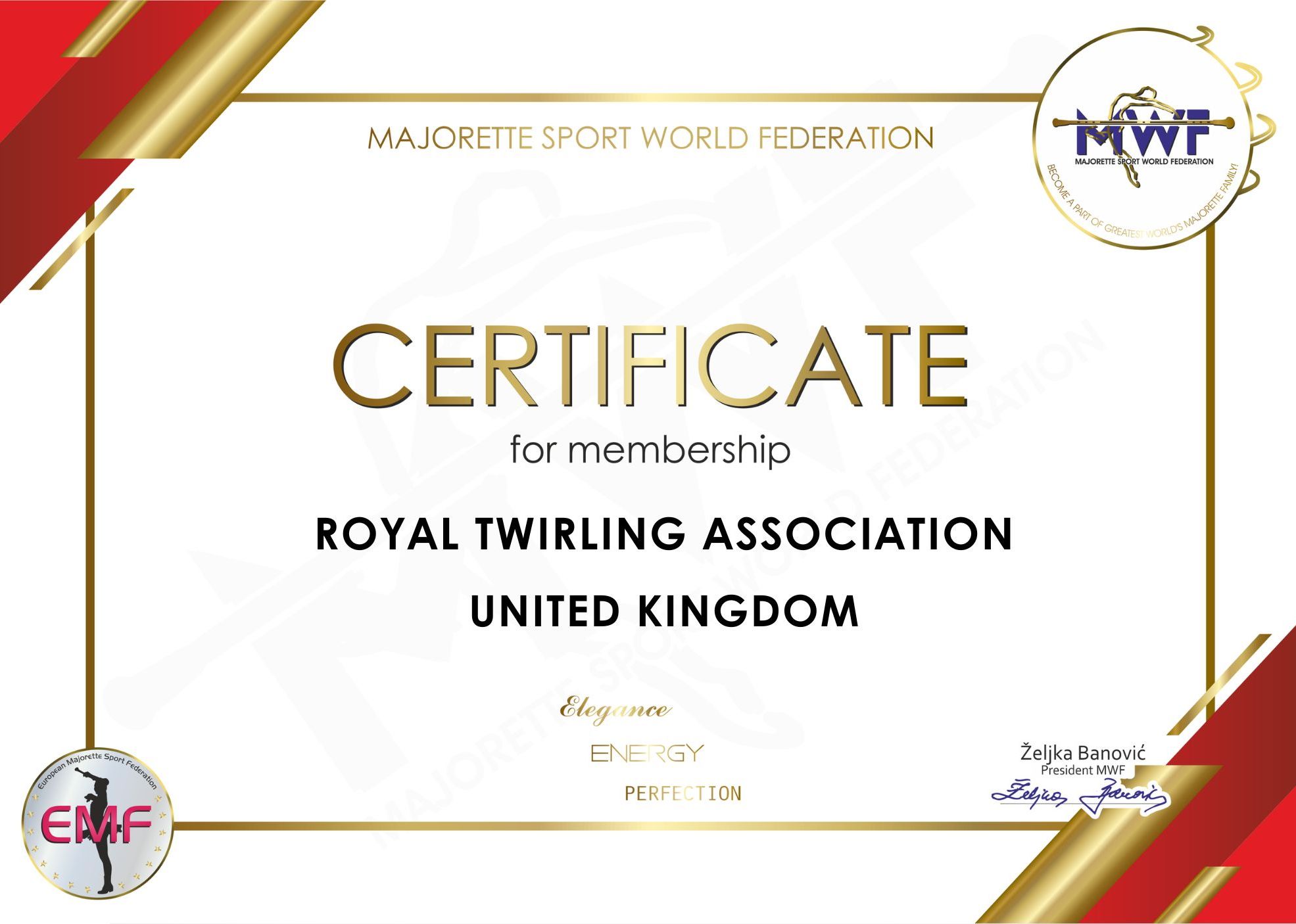 MWF Certificate for Membership awarded to the Royal Twirling Association, United Kingdom